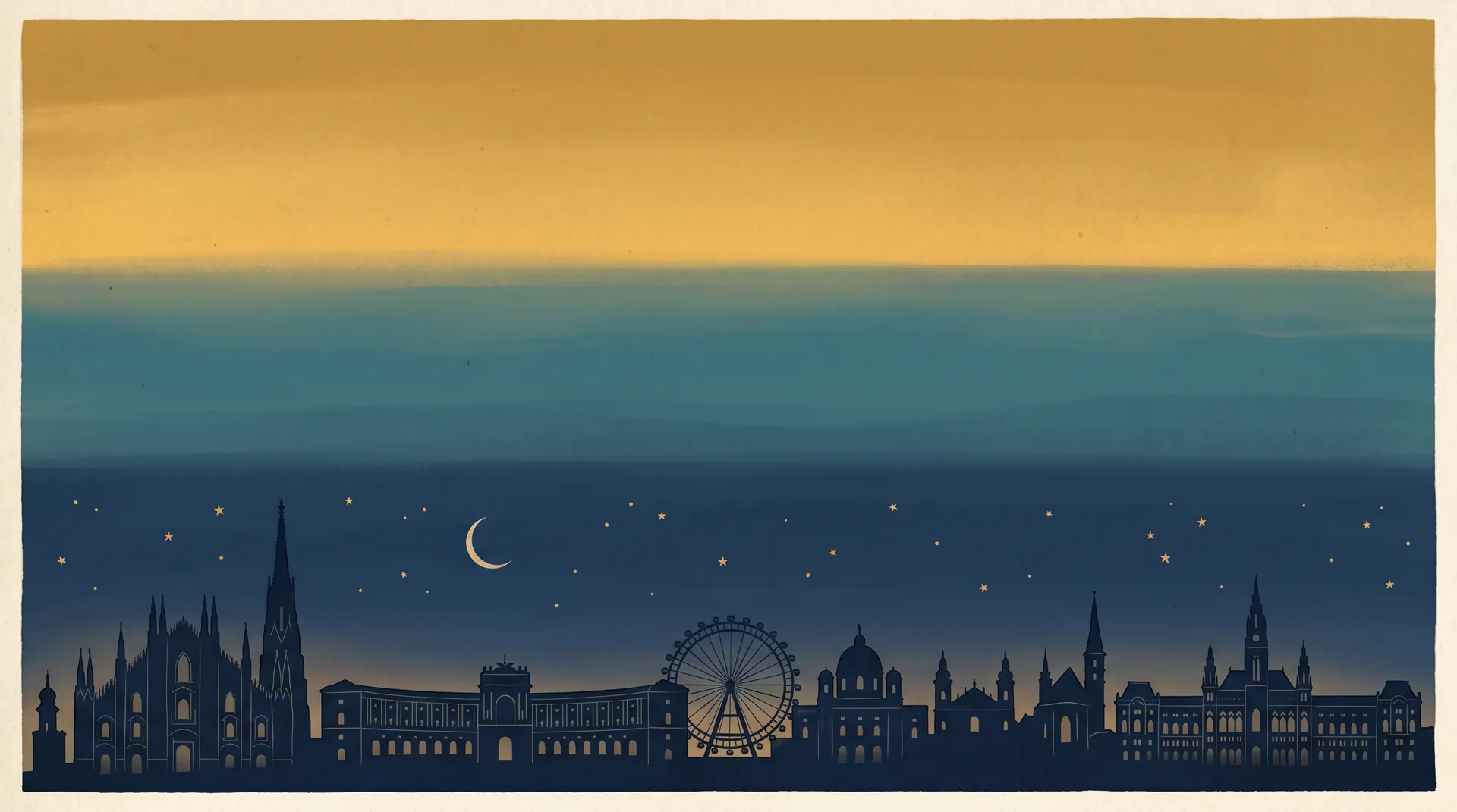 Wien vom Morgengold bis in die Sternennacht — Skyline mit Stephansdom, Riesenrad und Mondsichel
